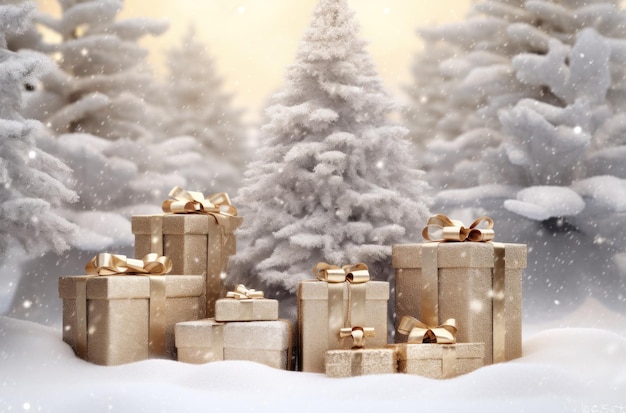Des cadeaux de Noël dans la neige bordés par un arbre de Noël