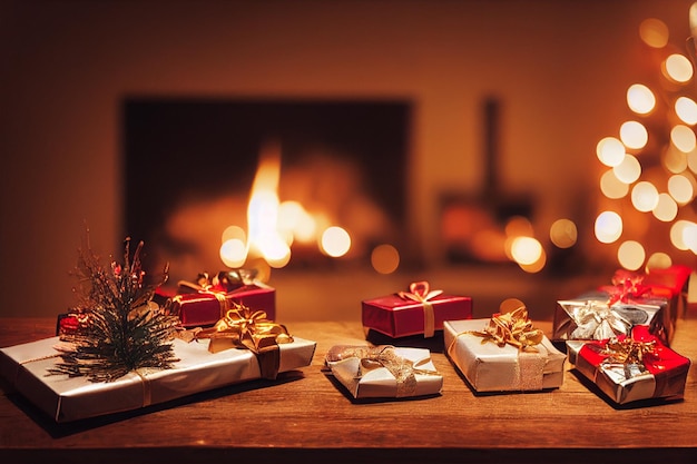 Cadeaux de Noël avec des décorations sur la table devant une cheminée