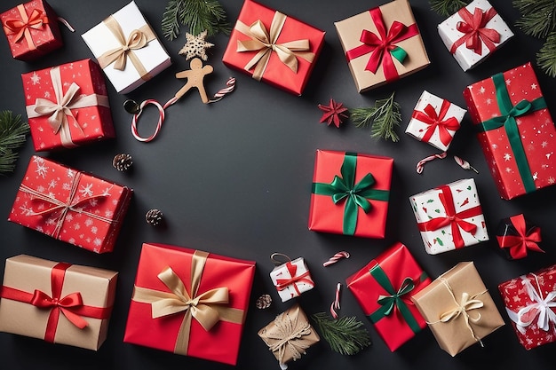 Les cadeaux de Noël du jour de la boxe sont posés à plat vue aérienne