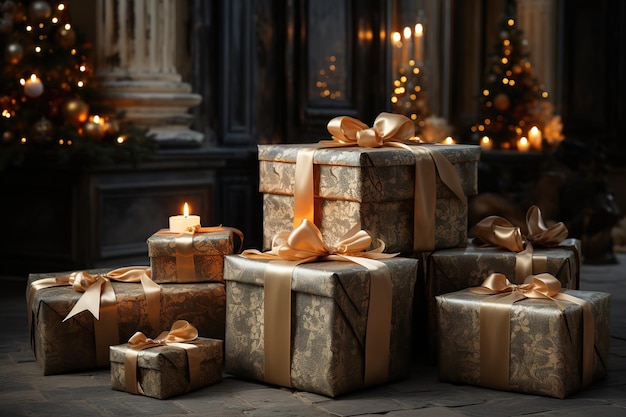 Des cadeaux de Noël en gros plan sur un fond flou avec des sapins décorés et un bokeh généré.