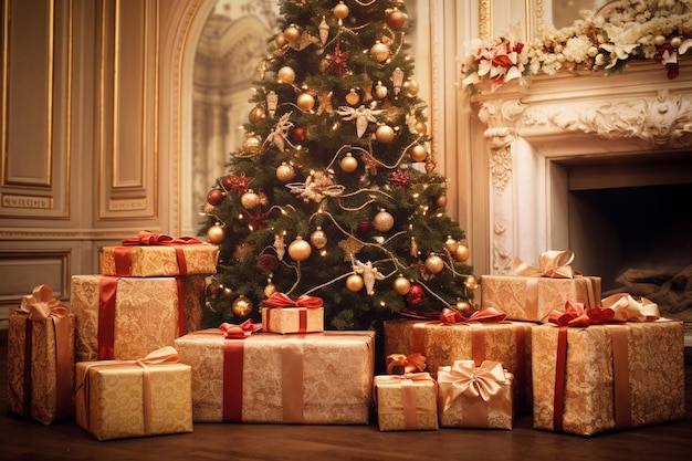 Cadeaux de Noël joyeuses fêtes et célébration des fêtes enveloppés de coffrets cadeaux et décorés Chr