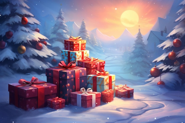 Cadeaux de Noël joyeuses fêtes et célébration des fêtes enveloppés de coffrets cadeaux et décorés Chr