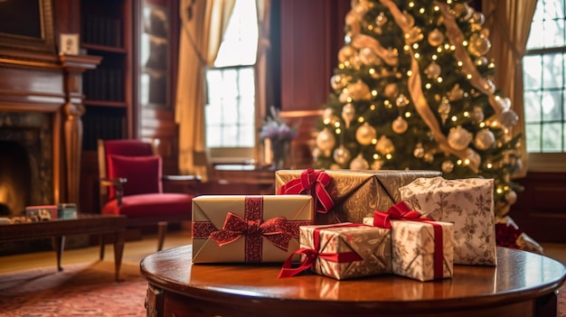 Cadeaux de Noël joyeuses fêtes et fêtes de fin d'année coffrets cadeaux emballés cadeaux et arbre de Noël décoré ai générative