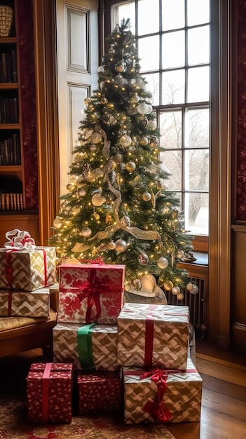 Cadeaux de Noël joyeux jours fériés et célébration de vacances emballés boîtes cadeaux cadeaux et décorés arbre de Noël postprocessé génératif ai
