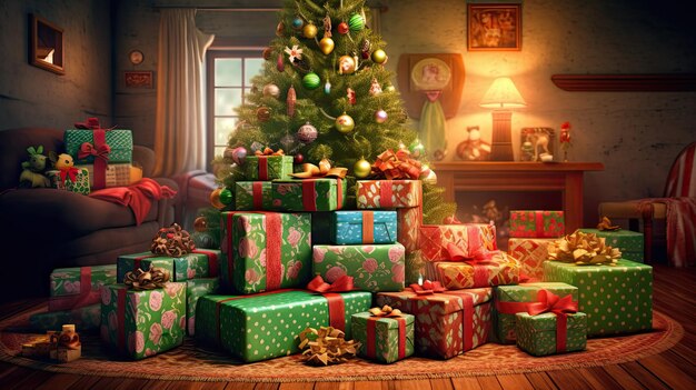 Des cadeaux de Noël sous l'arbre Célébration des fêtes avec des cadeaux emballés et un ruban