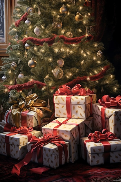 Des cadeaux de Noël sous l'arbre de Noël avec une décoration de Noël