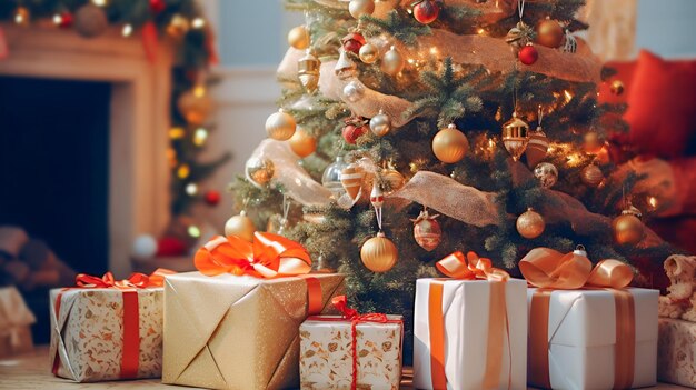 Photo des cadeaux de noël sous un arbre de noël avec des décorations