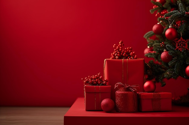 Des cadeaux de Noël sur une table sur un fond rouge 1