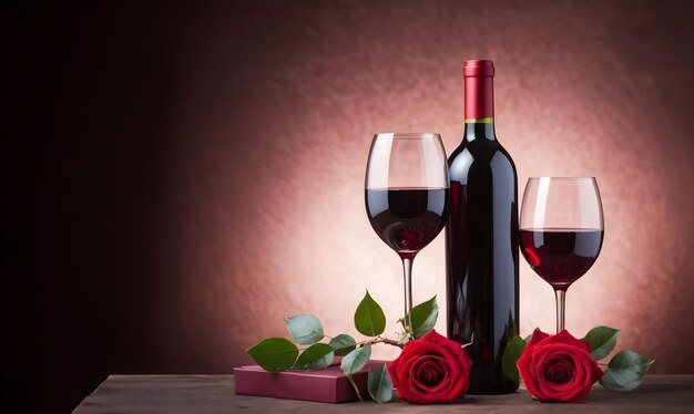 Photo des cadeaux pour la saint-valentin avec du vin et des roses