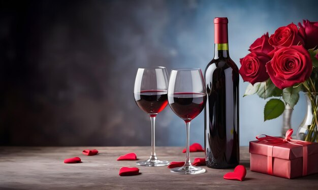 Photo des cadeaux pour la saint-valentin avec du vin et des roses