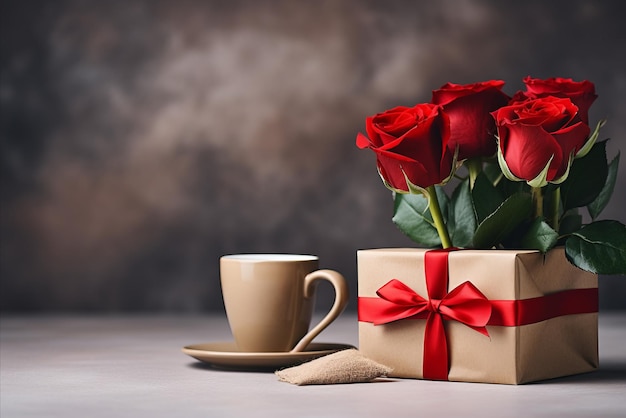 Photo cadeaux romantiques bouquet de roses rouges attaché avec un ruban rouge et une tasse de café sur fond sombre pour la saint-valentin