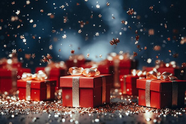 Des cadeaux rouges étincelants avec un ruban doré Préparation aux vacances d'hiver temps de Noël