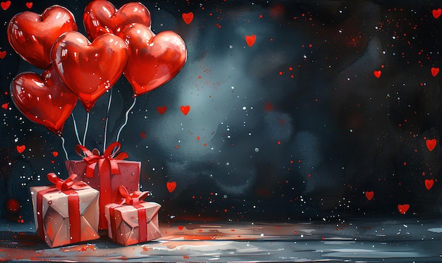 cadeaux de la Saint-Valentin et des cœurs rouges avec des ballons dans le style aquarelle avec copyspace