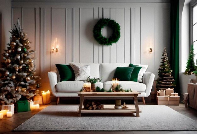 Des cadeaux et un sapin de fin d'année dans un intérieur de style scandinave avec une décoration de Noël générée par l'IA
