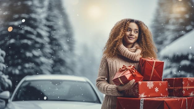 Cadeaux de vacances Belle jeune femme est à l'extérieur près de son automobile en hiver Photo de haute qualité