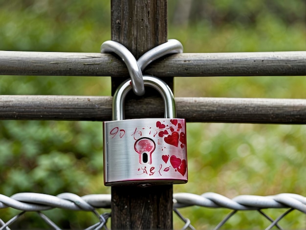 un cadenas avec un cœur dessiné dessus attaché à une clôture