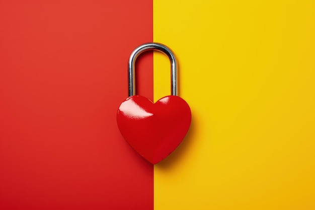 Cadenas en forme de coeur rouge isolé sur fond jaune et rouge cadenas coeur AI