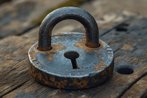 Le cadenas de la grange repose sur une surface en bois