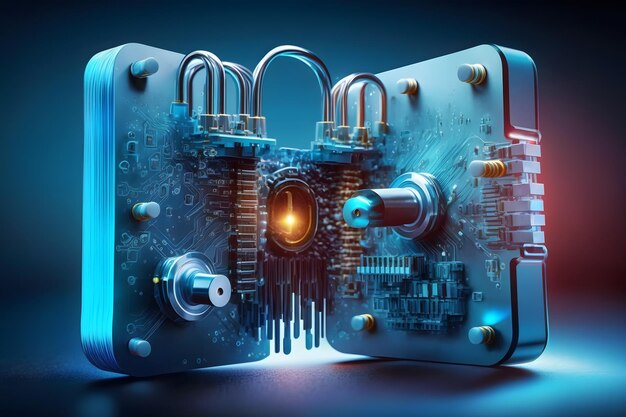 Cadenas avec icône Keyhole dans la sécurité des données personnelles Illustre l'idée de cyberdonnées ou de confidentialité des informations couleur bleue abstraite technologie Internet haute vitesse Réseau neuronal généré par l'IA