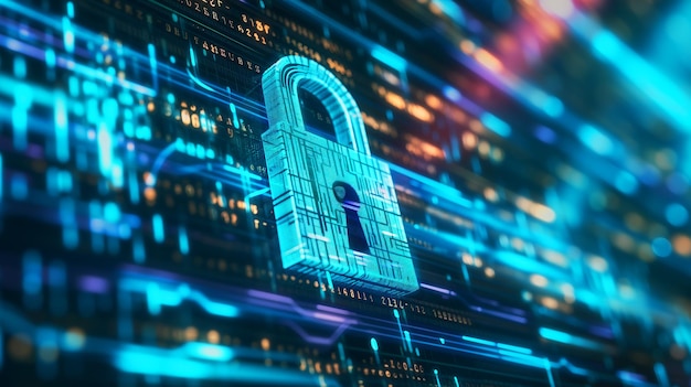 Un cadenas de sécurité numérique sur une carte de circuit vibrant symbolisant la protection cybernétique cryptée