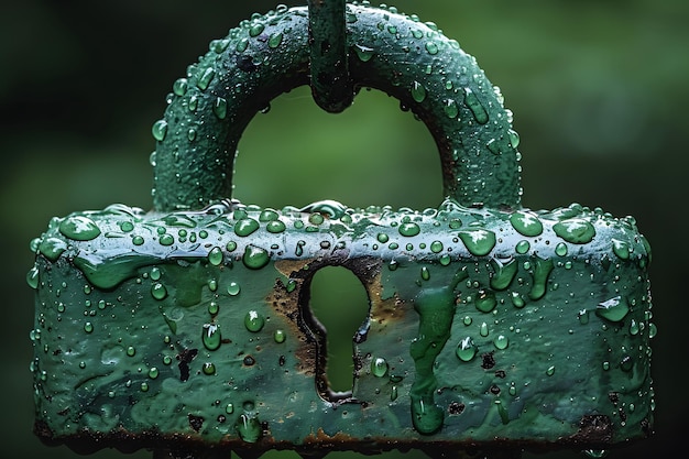 Un cadenas vert avec des gouttes d'eau