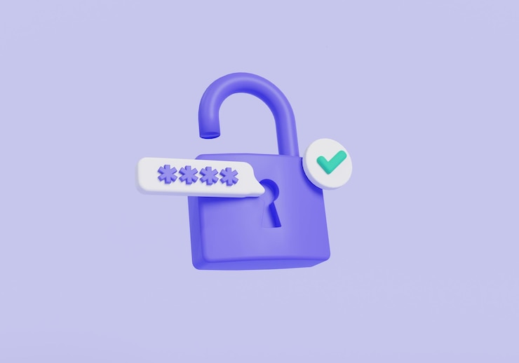 Photo cadenas violet avec mot de passe et icône approuvée protection des données icône d'accès privé mot de passe sécurité accès protection de la vie privée informations personnelles concept de sécurité illustration de rendu 3d