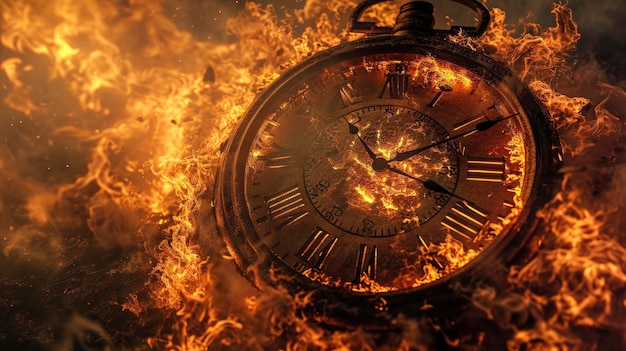 Le cadran de l'horloge en feu