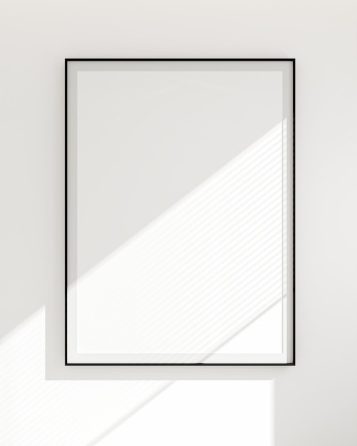 Cadre d'affiche blanc vierge dans un cadre noir dans une salle de mur blanc simple et moderne La lumière du soleil brille de la fenêtre Modèle d'arrière-plan rendu 3D