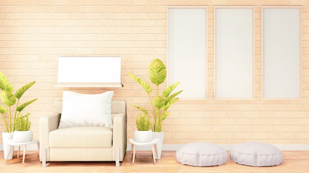 Cadre affiche, canapé blanc à l'intérieur de la chambre en mezzanine, conception du mur en brique orange
