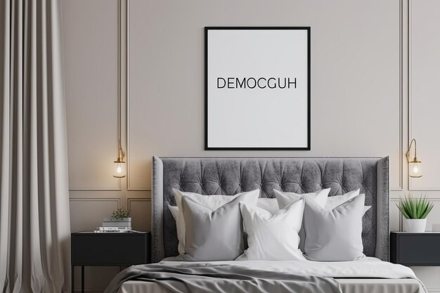 Un cadre d'affiche à la main de style Scandi moderne sur un mur de chambre à coucher avec des décorations en peluche