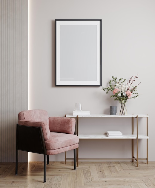 Cadre d'affiche maquette dans une chambre beige intérieure moderne avec décoration de chaise rose et rendu 3d de fleurs