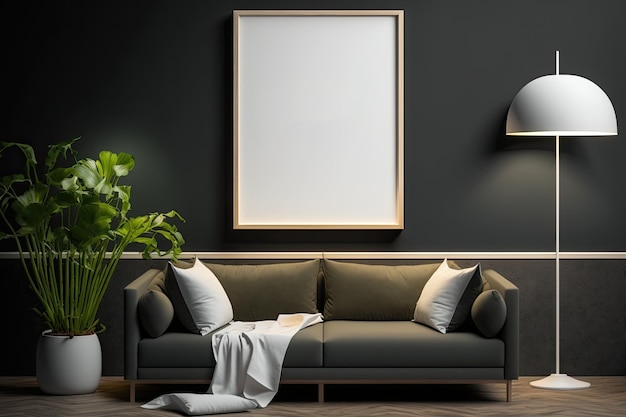 Cadre d'affiche maquette dans un design d'intérieur de salon moderne avec un mur vide sombre