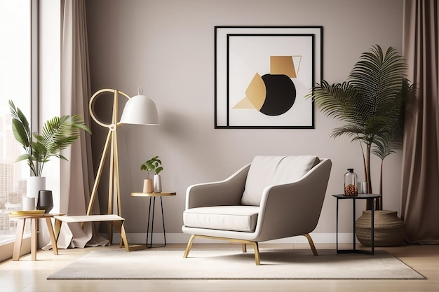 Photo cadre d'affiche de maquette sur fond intérieur moderne avec fauteuil et accessoires dans la pièce