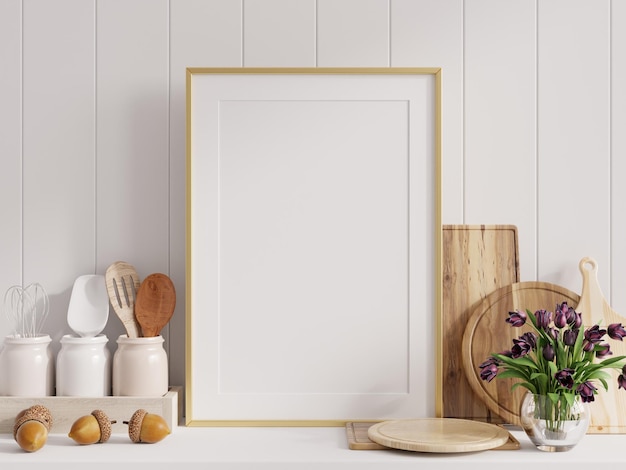 Cadre d'affiche maquette à l'intérieur de la cuisine avec mur blanc