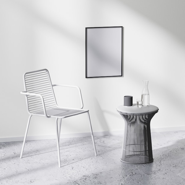 Cadre d'affiche maquette sur mur blanc dans un intérieur de chambre minimaliste moderne avec chaise blanche et table basse noire, rendu 3d