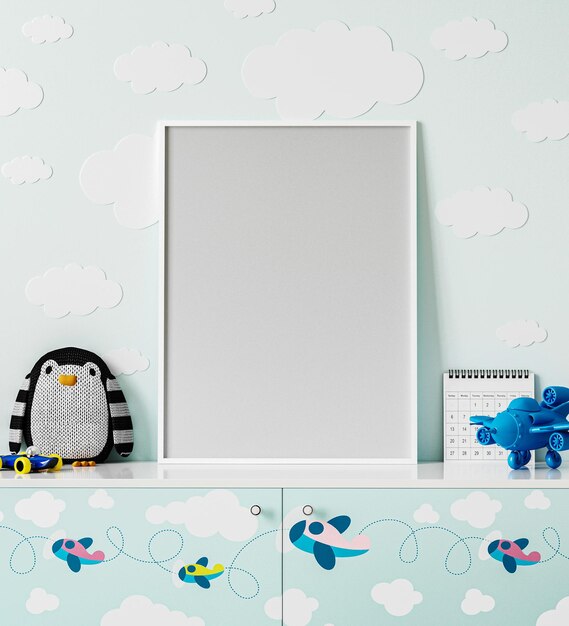 cadre d'affiche mock-up dans la chambre des enfants avec mur bleu clair avec des nuages commode avec des avions imprimé pingouin jouet doux avion jouet 3D rendu