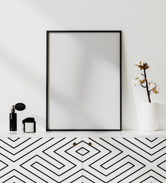 cadre d'affiche mock-up dans un intérieur moderne lumineux avec parfum mural blanc bougie et fleur de coton dans un vase fond intérieur de luxe rendu 3D