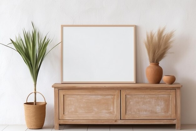 Cadre d'affiche de mock-up vide sur le mur de stuc blanc au-dessus de l'armoire en bois AI Génératif