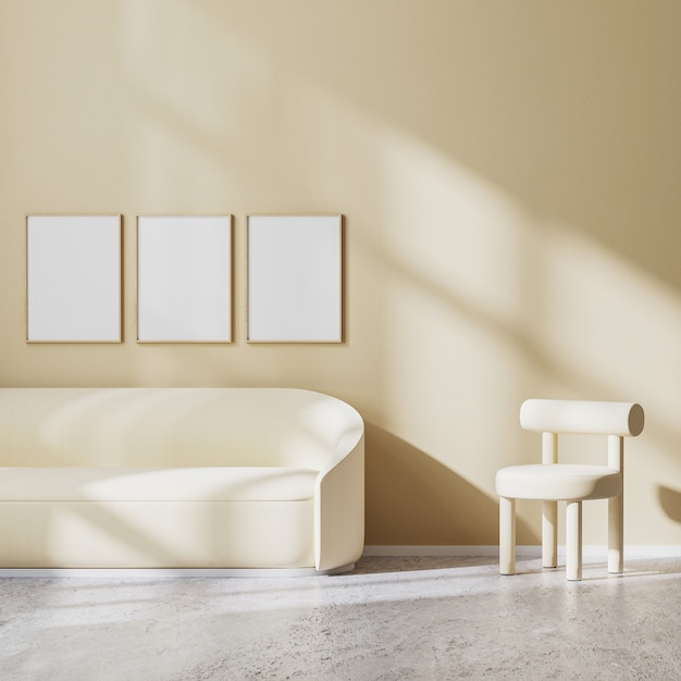 Cadre d'affiche simulé dans un design minimaliste moderne du salon avec fauteuil et canapé beige clair avec rayons de soleil sur le mur, mur beige et sol en béton, rendu 3d