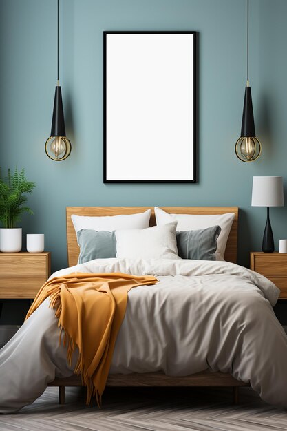 Photo un cadre d'affiche vide dans la chambre à coucher de style scandinave