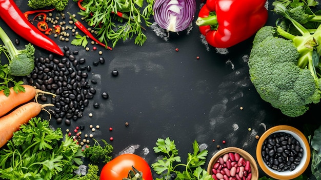 Cadre d'aliments biologiques Légumes crus frais avec des haricots noirs Ai Génératif