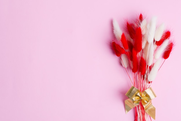 Cadre d'angle festif avec des fleurs rouges et blanches d'automne doux et sec, l'herbe Lagurus Ovatus sur rose.