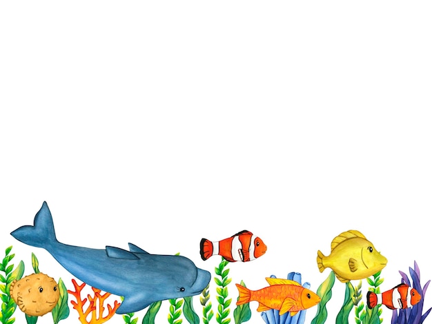 Photo cadre aquarelle algues vertes dauphins poissons tropicaux coraux et bulles bleues personnage marin isolé sur fond blanc illustrations peintes à la main herbe sous-marine pour enfants imprimé