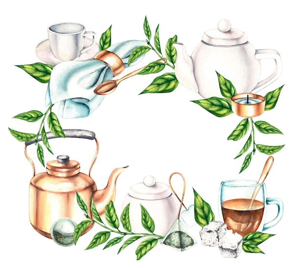 Cadre aquarelle fait d'ustensiles pour boire du thé