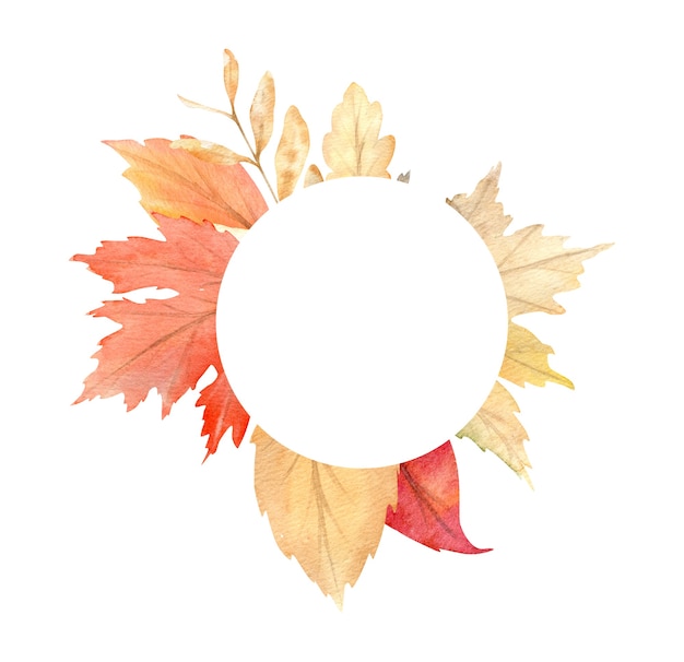 Cadre aquarelle de feuilles et branches isolés sur fond blanc. Illustration d'automne pour cartes de voeux, invitations de mariage.