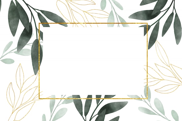 Photo cadre aquarelle avec des feuilles sur fond blanc. cadre doré avec des feuilles florales et aquarelles en ligne. conception de carte postale, invitation de mariage.