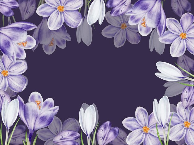 Cadre d'aquarelle avec une fleur de crocus en fleurs blanche et pourpre isolée en arrière-plan