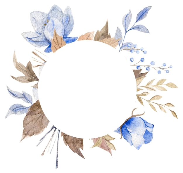 Cadre à aquarelle de fleurs bleues et de feuilles brunes