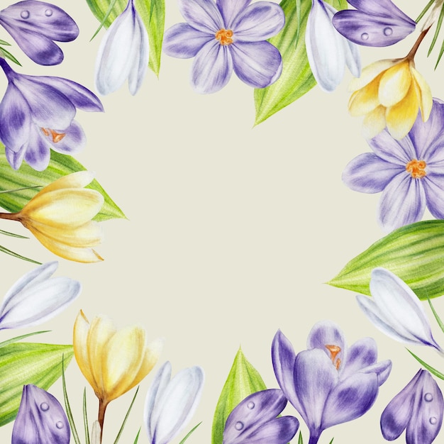 Cadre d'aquarelle avec des fleurs de crocus à fleurs jaunes violettes et blanches isolées sur un fond blanc S