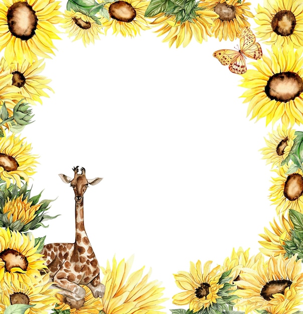 Un cadre aquarelle avec une girafe et des tournesols